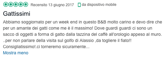 Screenshot di una recensione (5 su 5) su Tripadvisor del 13 giugno 2017. Titolo: Gattissimi. Cliccare sul link per leggere la recensione